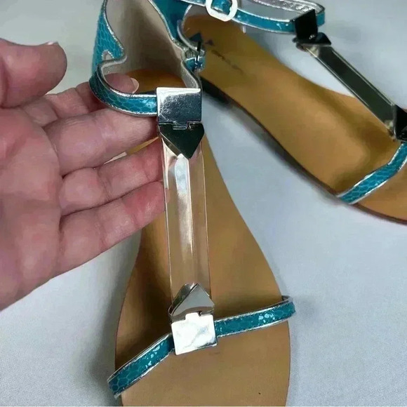 Dani Black turquoise/silver snake flat sandals clear bar between straps Sz 9.5 - Picture 5 of 13